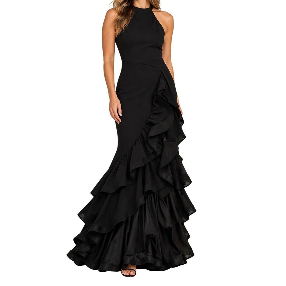 Betsy & Adam Black Halter Ruffle Tiered Gown Dress Women's 8